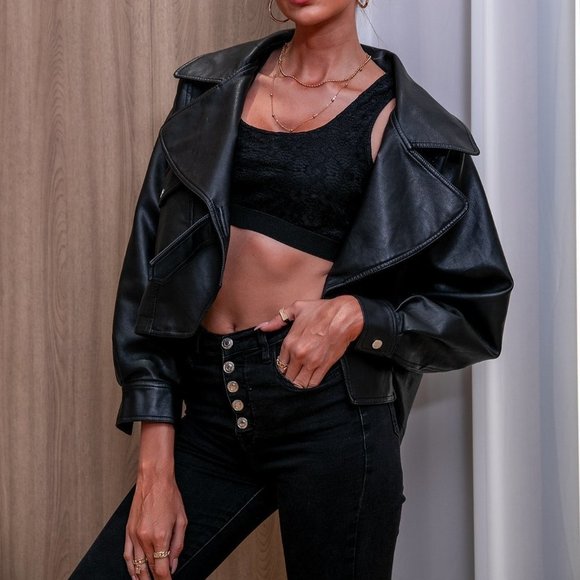 Contemorary Flap Pocket Oversize PU Leather Jacket black - Picture 5 of 5